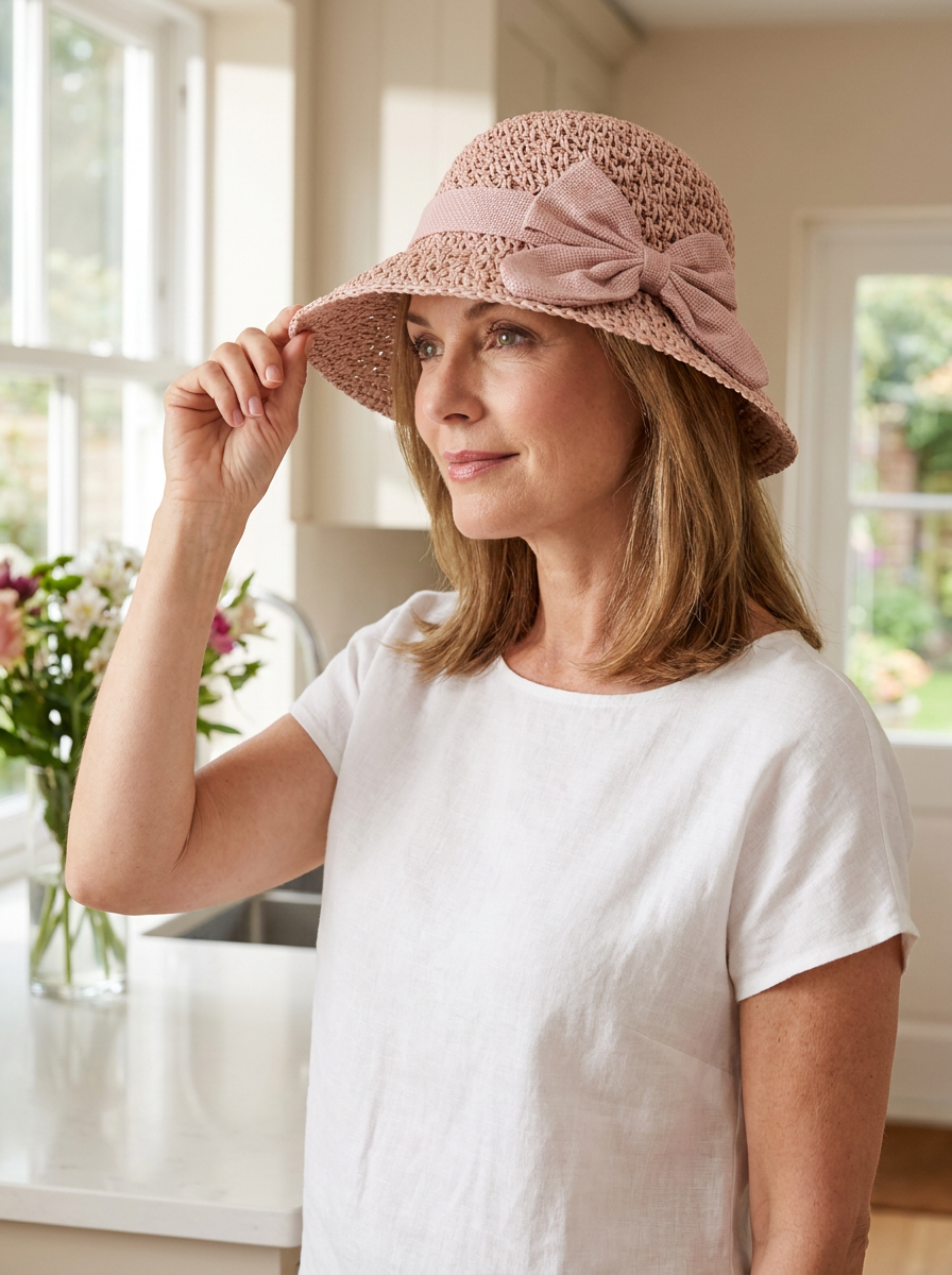 Hattie Elegant Straw Sun Hat With Bow in Pink worn by a confident woman in an everyday lifestyle setting.
