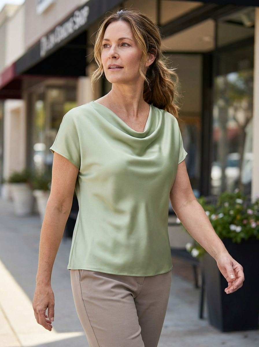 Laura Silky Satin Top in Pea Green worn by a confident woman in an everyday lifestyle setting.