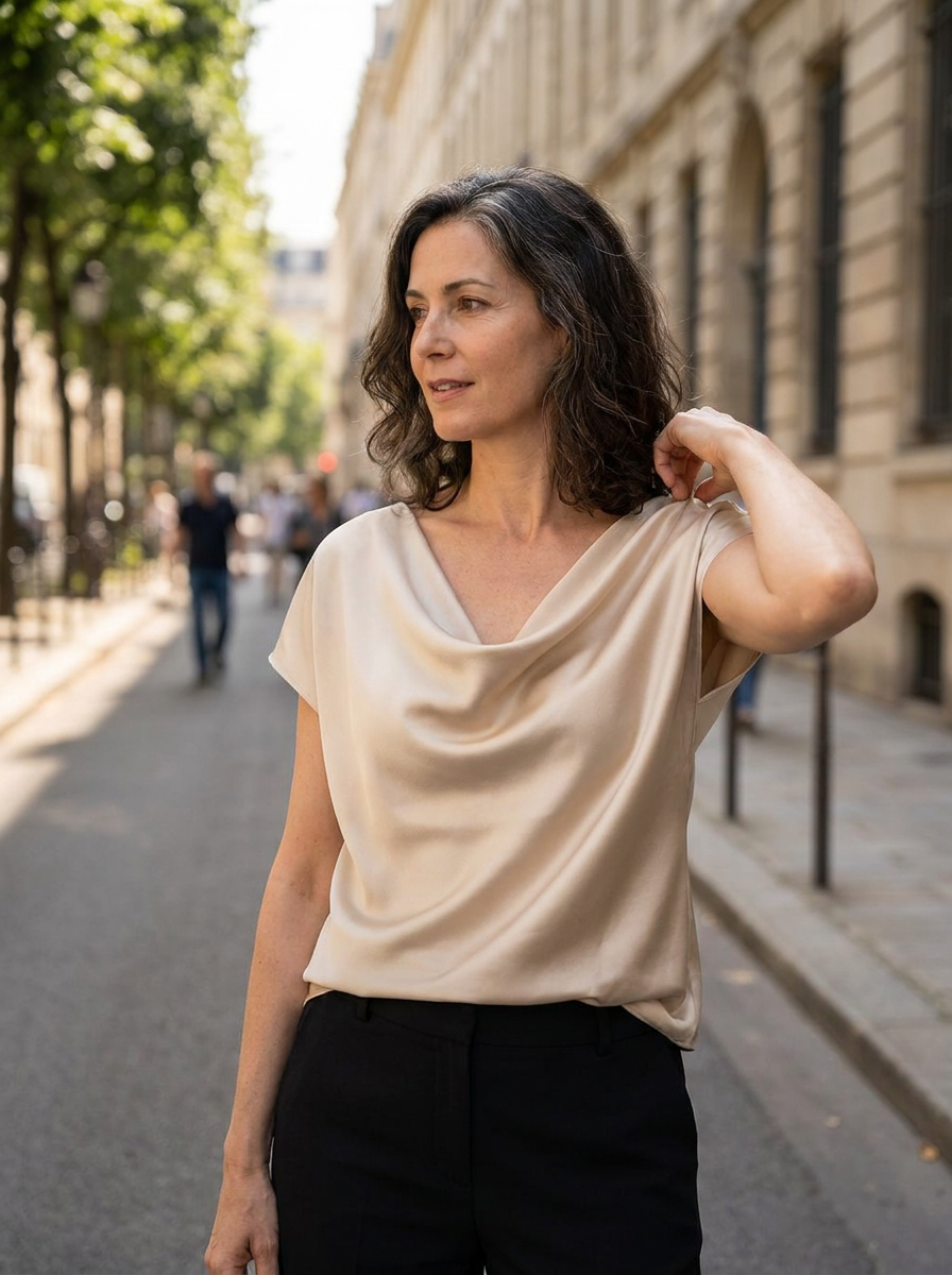 Laura Silky Satin Top in Champagne worn by a confident woman in an occasion setting.