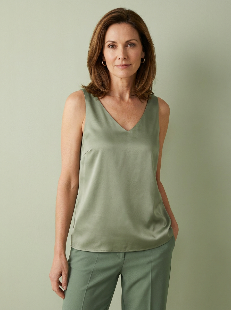 Eleanor Silky Satin Cami in Bean Green worn by a well-groomed woman in a studio portrait.