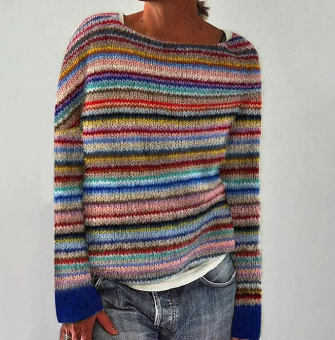 Margo & Main – gray Nordic yoke marled pullover sweater multicolor stripe view, US women's sizes