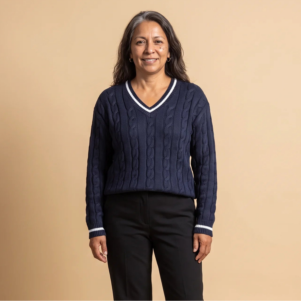 Margo & Main – Blanca navy cable knit V-neck sweater with white striped trim, full-length front view, US women's sizes