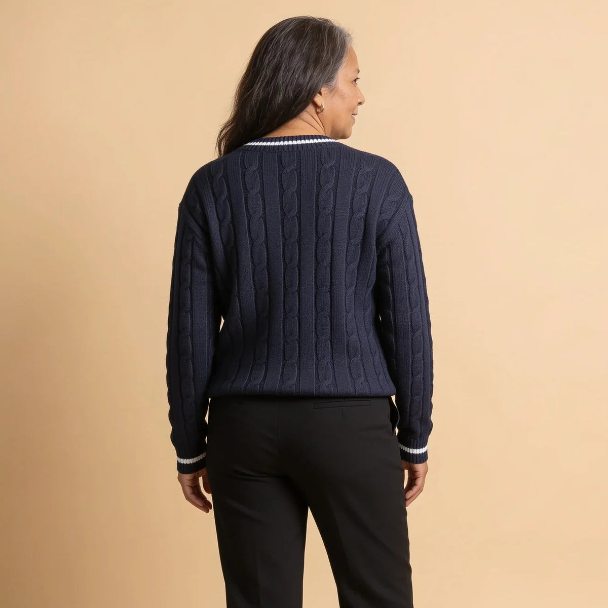 Margo & Main – Blanca navy cable knit V-neck sweater, back view, US women's sizes