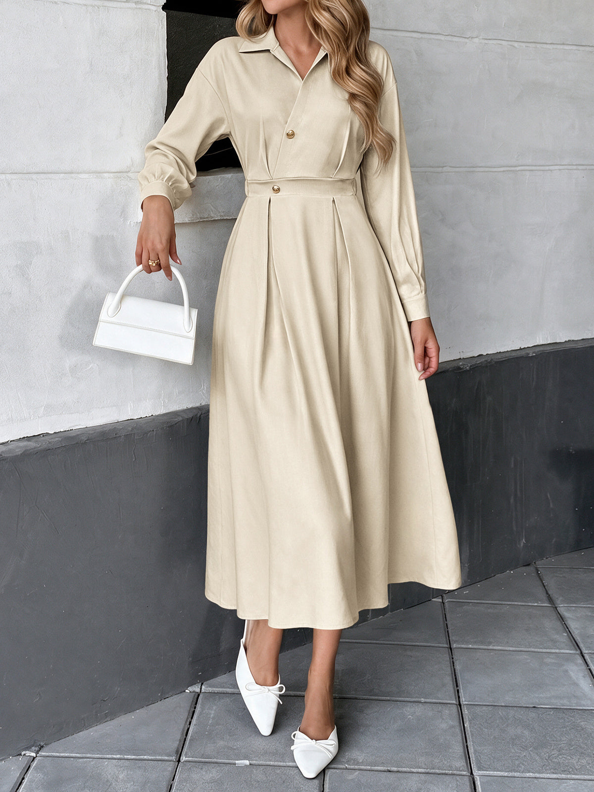 Margo & Main tan collared button-front A-line midi dress — front view with pleated waist, US women's sizes