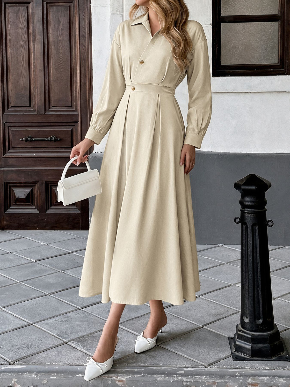 Margo & Main tan collared button-front A-line midi dress — walking view with a white handbag, US women's sizes