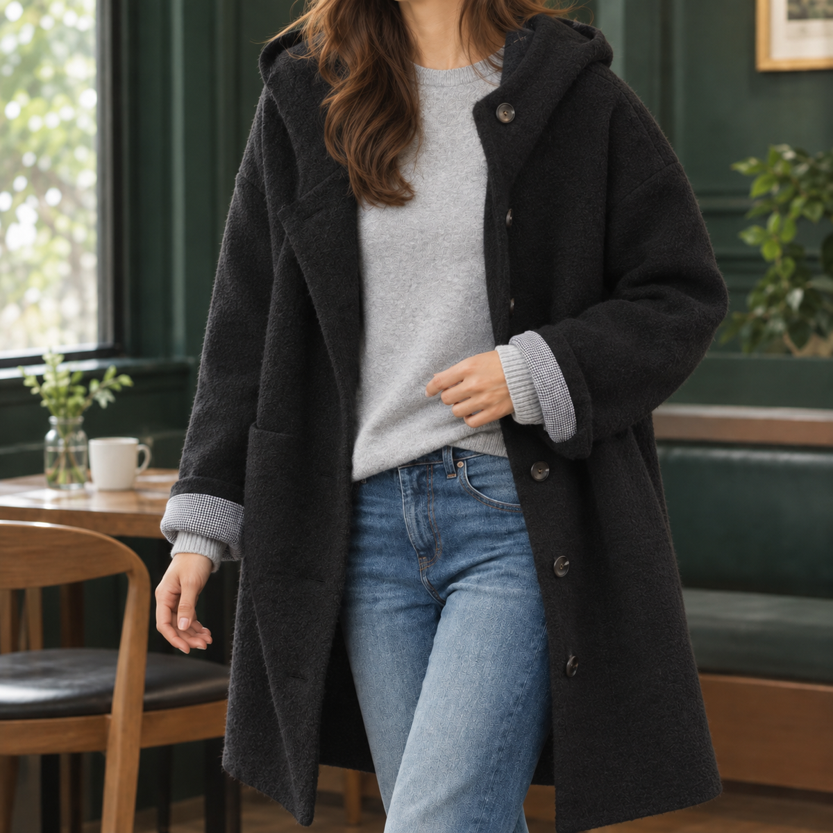 Margo & Main black boucle hooded coat — front view buttoned with the hood down, US women's sizes
