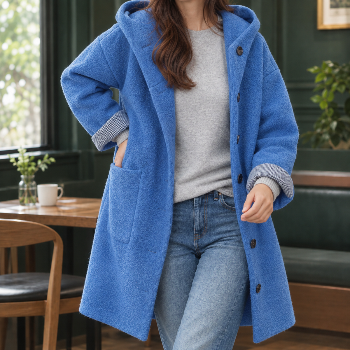 Margo & Main blue boucle hooded coat — front view of the longline body and hood, US women's sizes