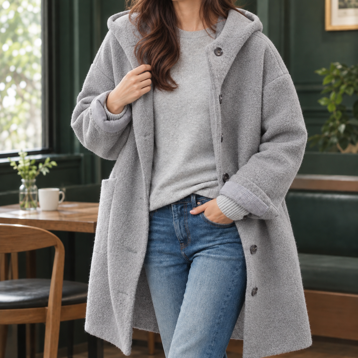 Margo & Main gray boucle hooded coat — front view with the contrast cuff lining, US women's sizes