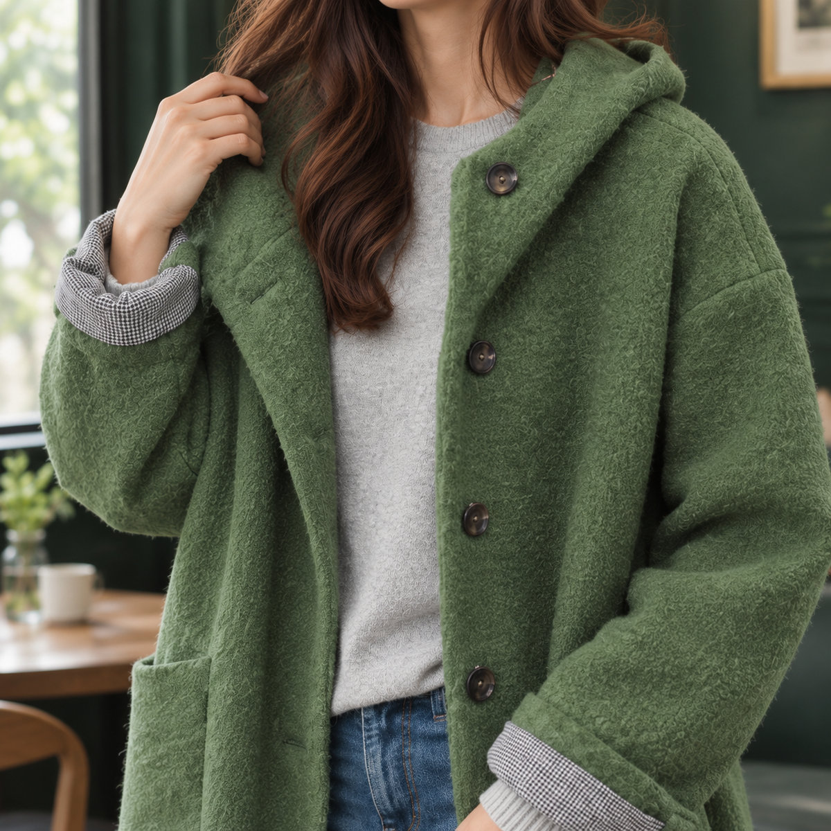Margo & Main green boucle hooded coat — three-quarter view of the patch pockets, US women's sizes