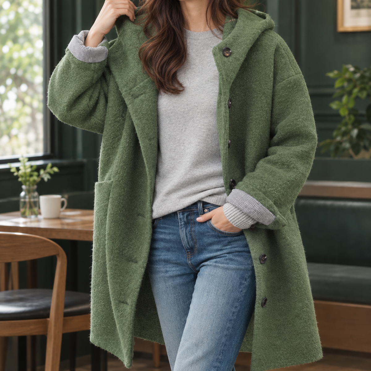 Margo & Main green boucle hooded coat — front view worn open over a gray tee, US women's sizes