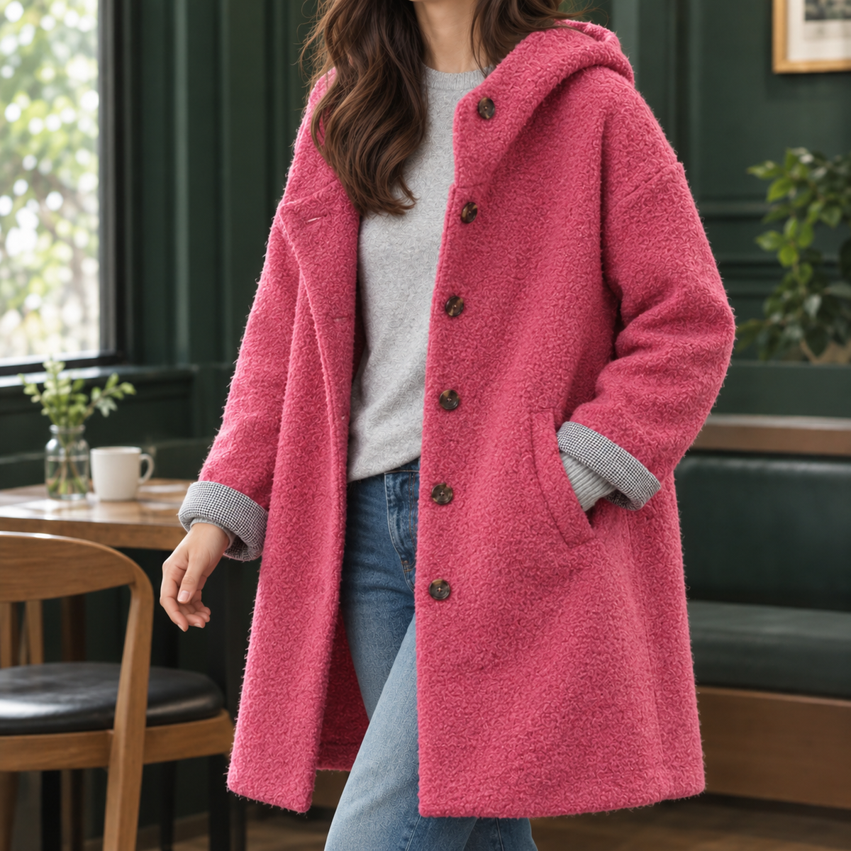Margo & Main pink boucle hooded coat — front view of the button front and pockets, US women's sizes