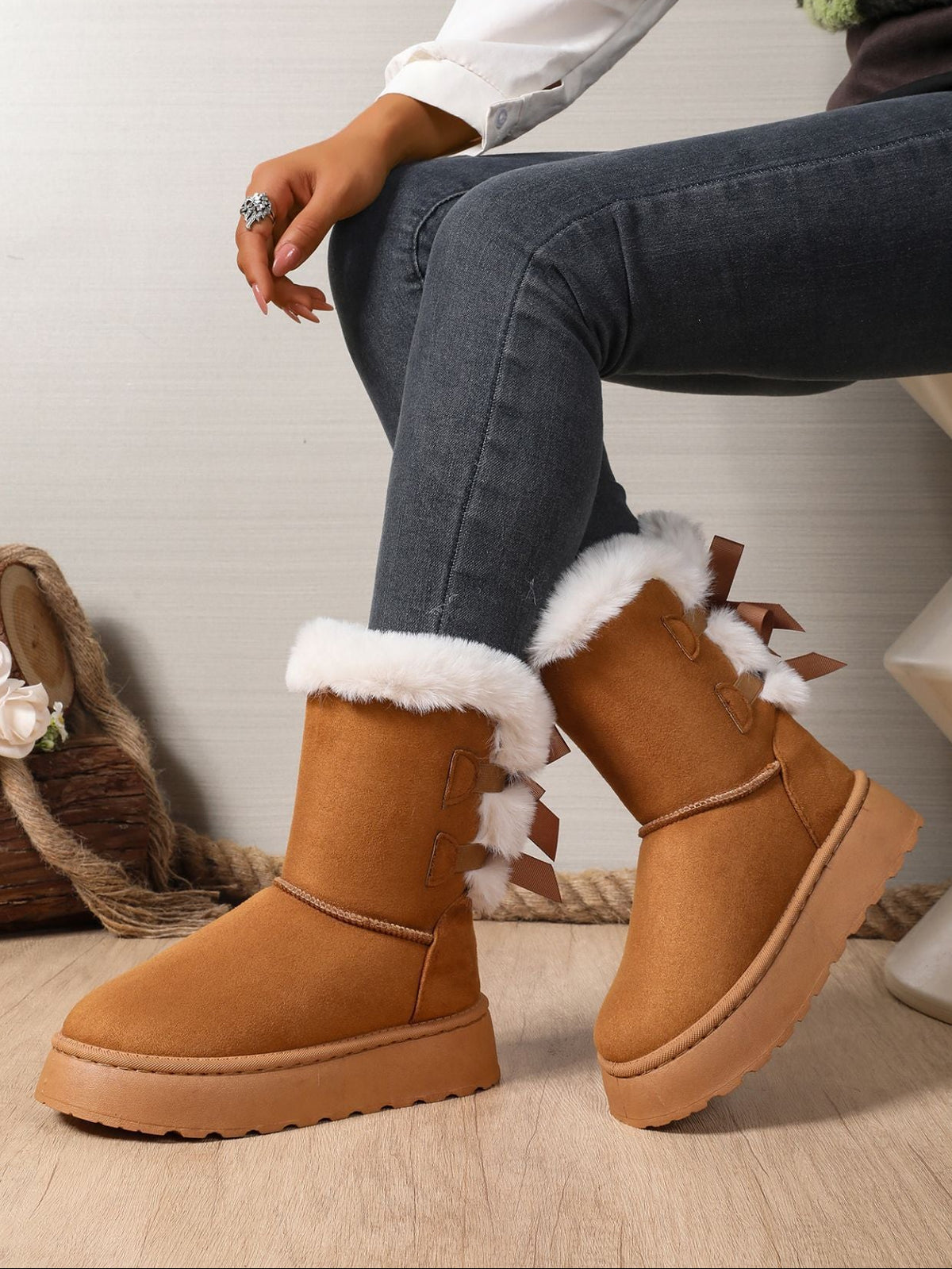 Margo & Main brown bow-back plush cuff platform snow boots — worn side view of the back bows, US women's sizes