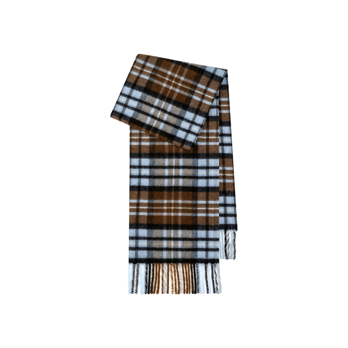 Margo & Main camel brushed plaid wool scarf — folded shot with pale blue and black check lines
