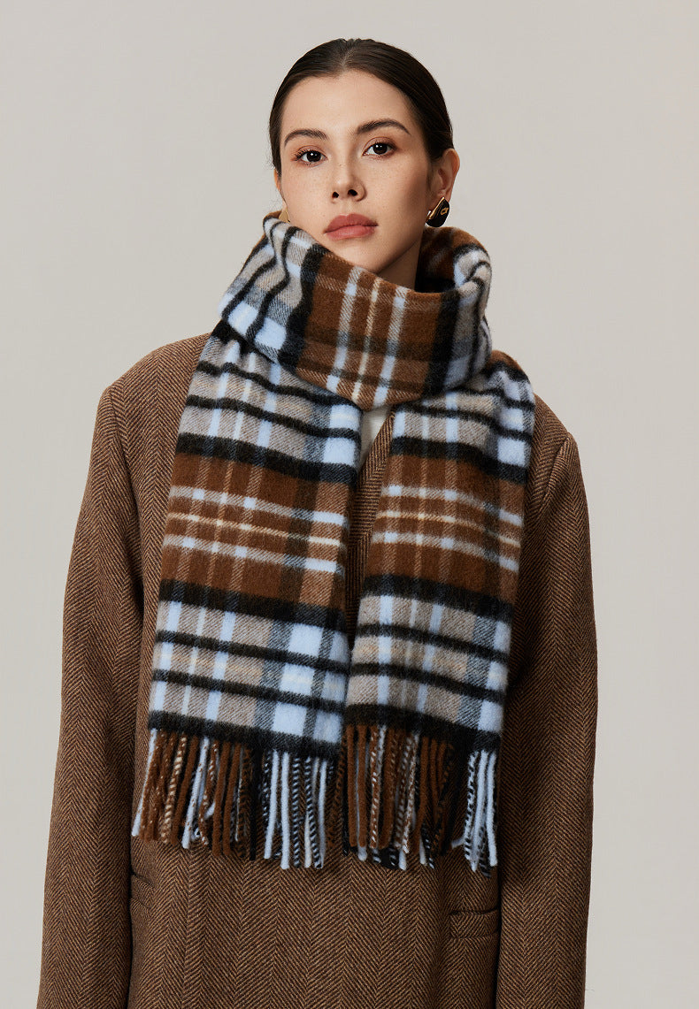Margo & Main camel brushed plaid wool scarf — front view over a brown coat with fringed ends