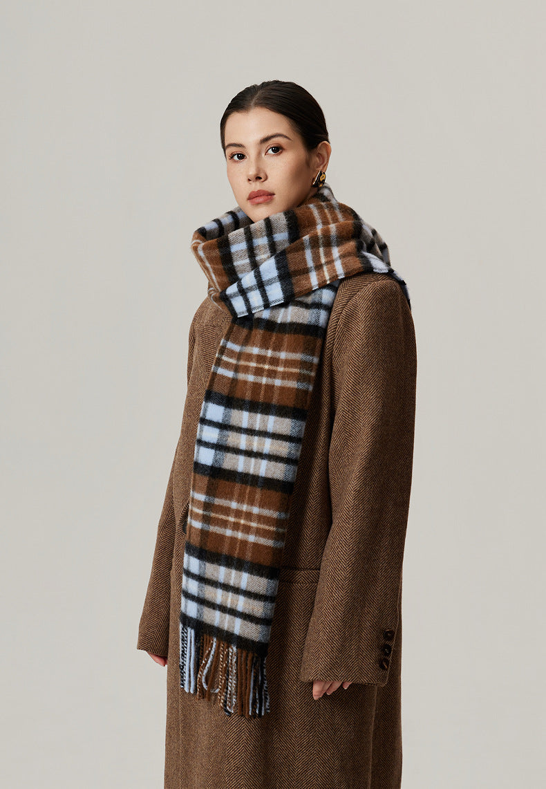 Margo & Main camel brushed plaid wool scarf — full-length view styled over a brown wool coat