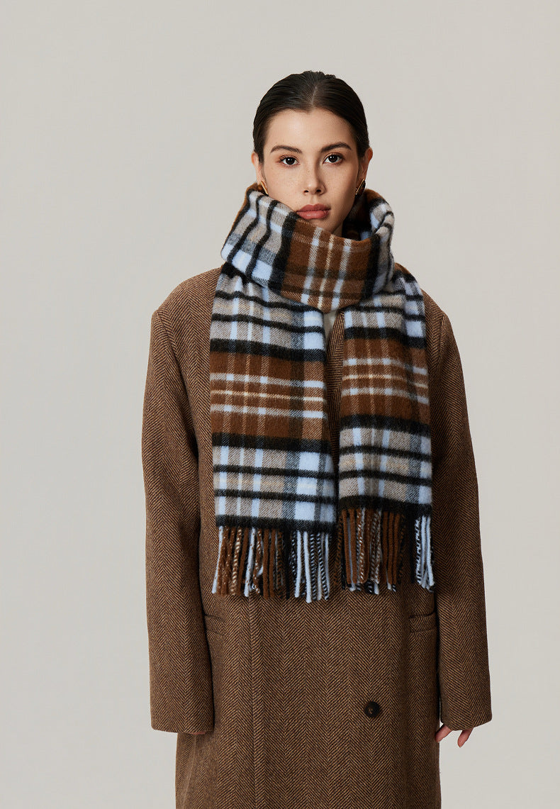 Margo & Main camel brushed plaid wool scarf — front view wrapped high, ends hanging down