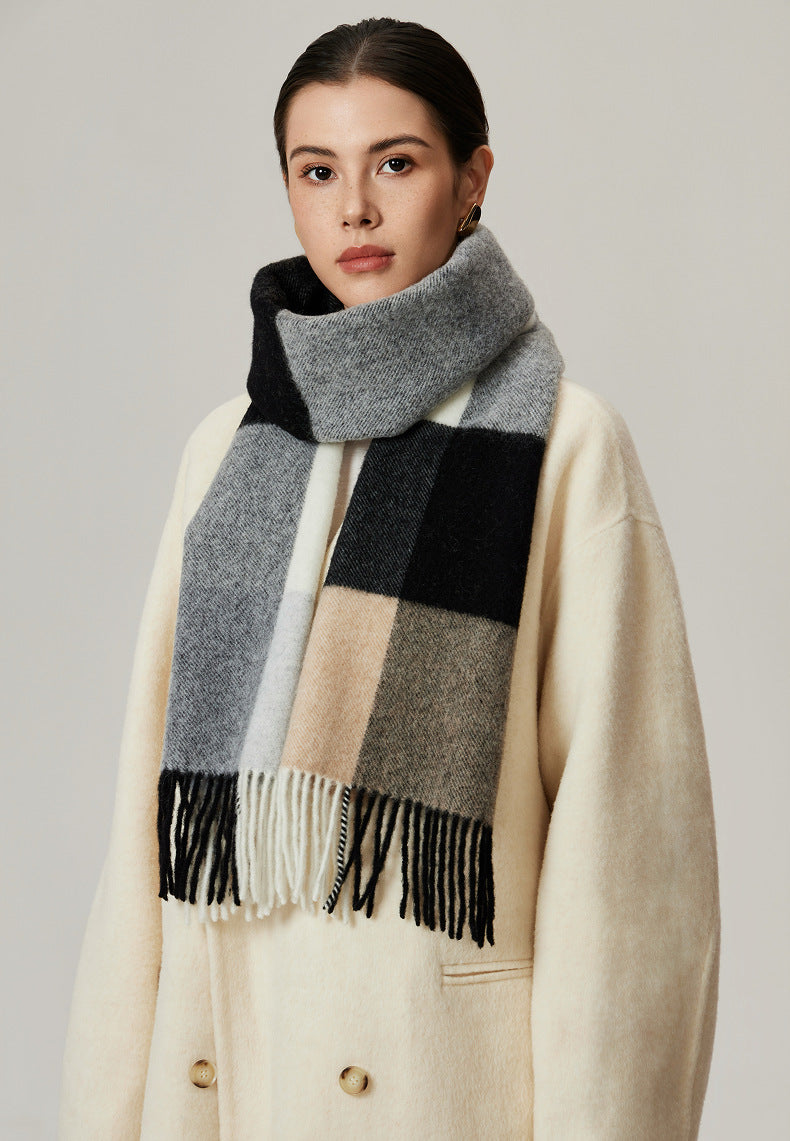 Margo & Main gray brushed plaid wool scarf — close-up of the gray, black and camel blocks