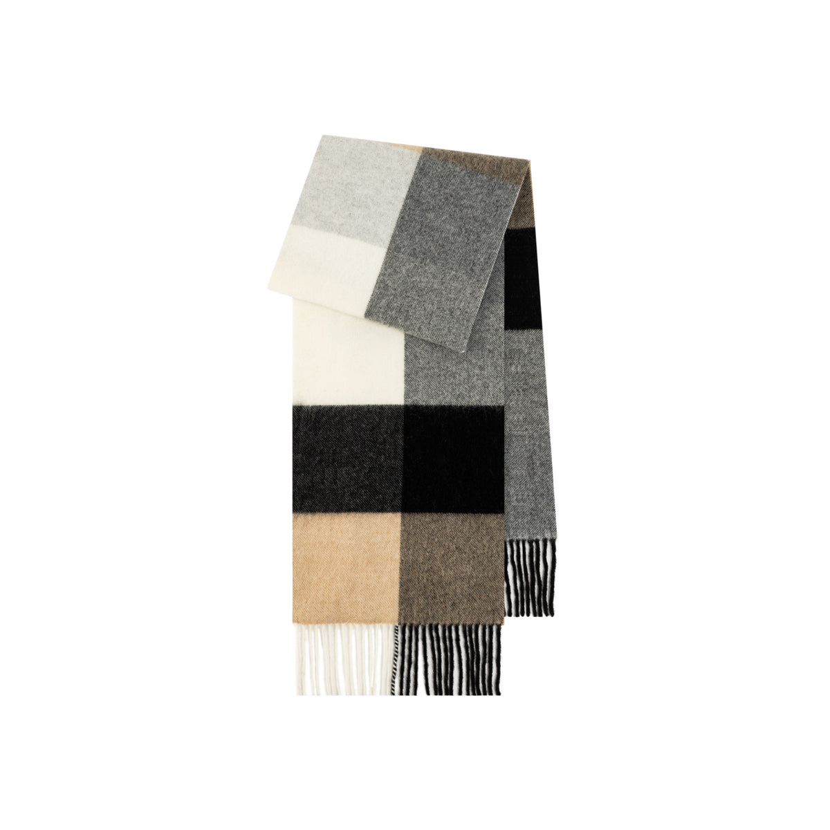 Margo & Main gray brushed plaid wool scarf — folded shot of the gray and black blocks