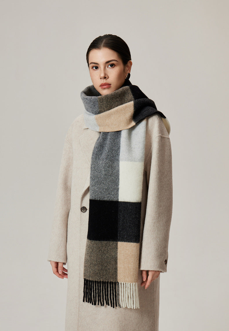 Margo & Main gray brushed plaid wool scarf — full-length view over a cream wool coat