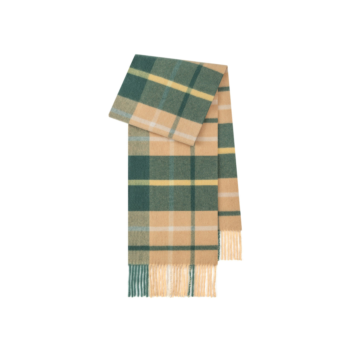 Margo & Main green brushed plaid wool scarf — folded shot of the peach and green blocks