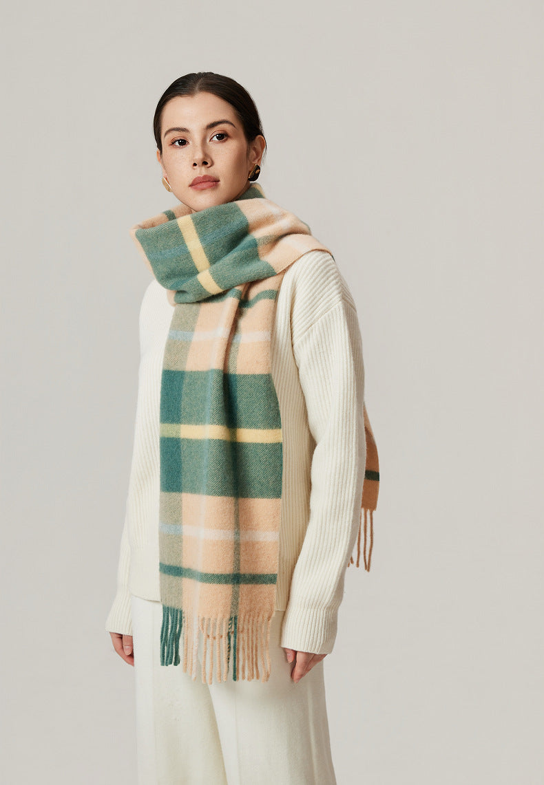 Margo & Main green brushed plaid wool scarf — full-length view styled with a cream knit set