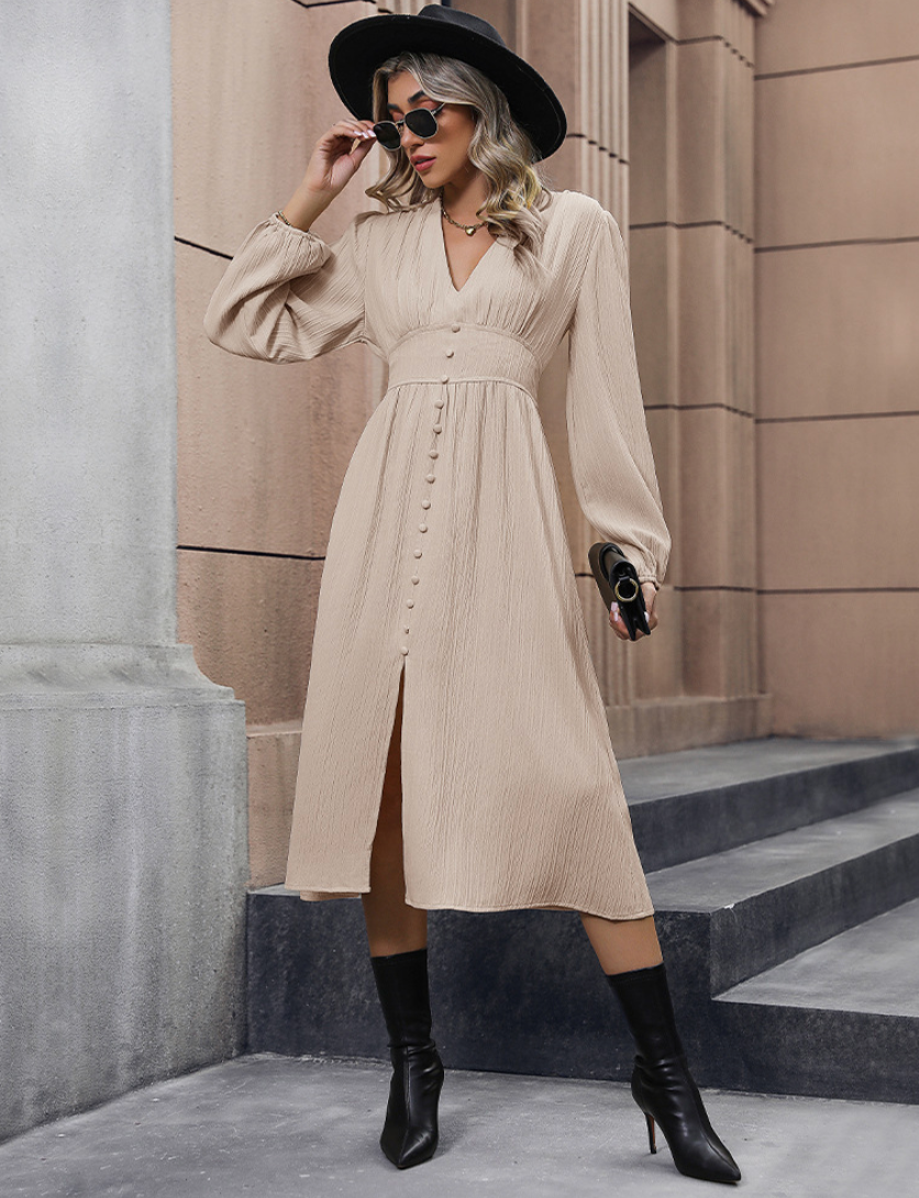 Margo & Main beige V-neck button-front slit midi dress — full-length view with boots, US women's sizes