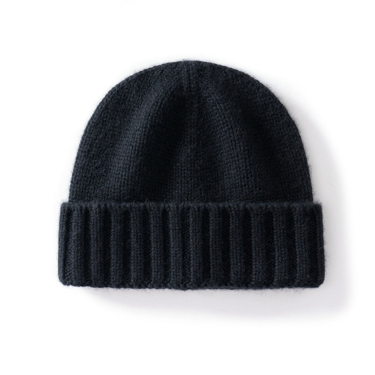 Margo & Main black ribbed cashmere fisherman beanie — angled view of the wide fold-over ribbed cuff