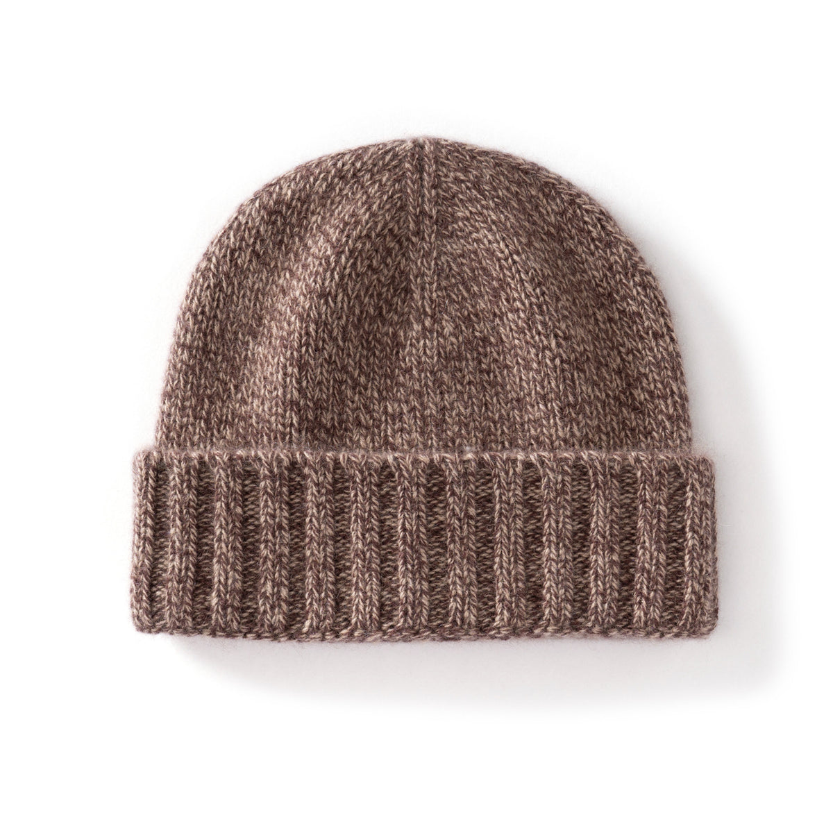 Margo & Main brown fleck ribbed cashmere fisherman beanie — angled view of the wide fold-over cuff