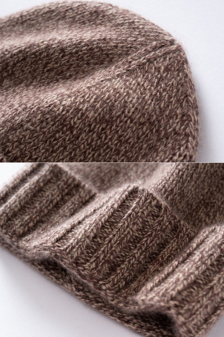 Margo & Main brown fleck ribbed cashmere fisherman beanie — close-up of the marled knit and ribbed cuff