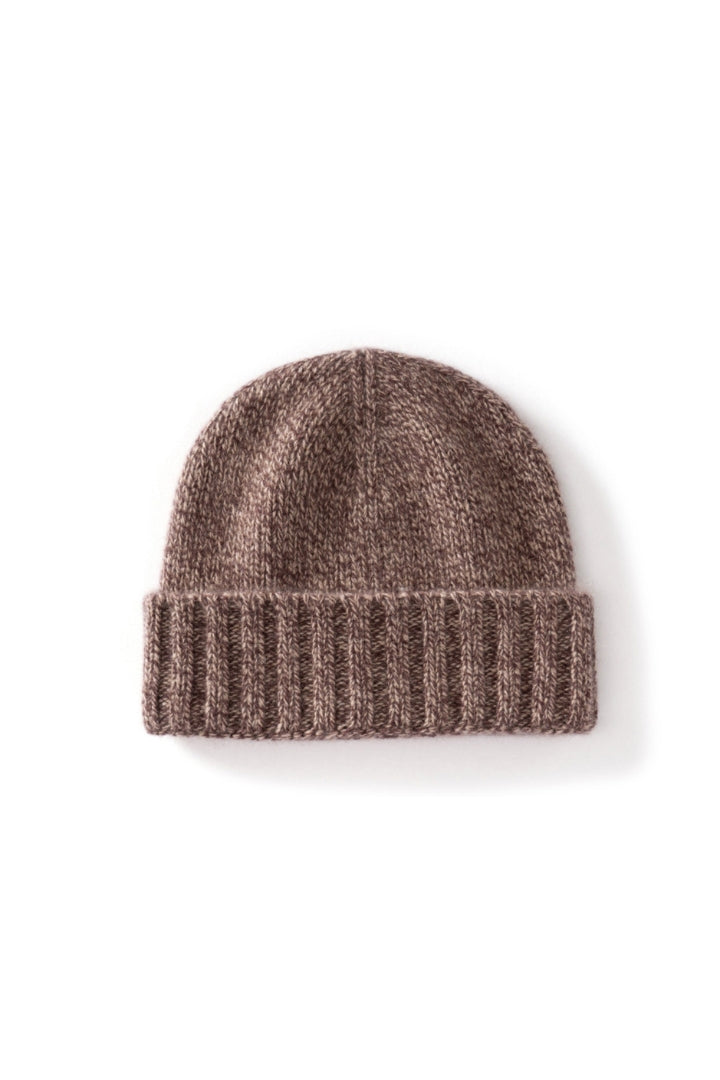 Margo & Main brown fleck ribbed cashmere fisherman beanie — front view of the marled knit and cuff