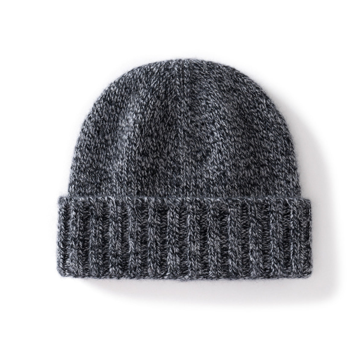 Margo & Main gray fleck ribbed cashmere fisherman beanie — angled view of the marled knit and fold-over cuff