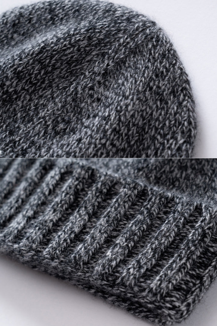 Margo & Main gray fleck ribbed cashmere fisherman beanie — close-up of the marled knit and ribbed cuff