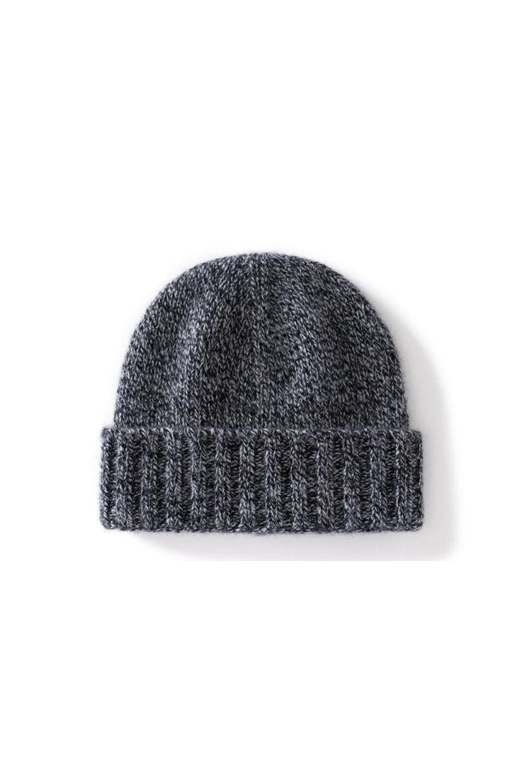 Margo & Main gray fleck ribbed cashmere fisherman beanie — front view of the marled knit and ribbed cuff