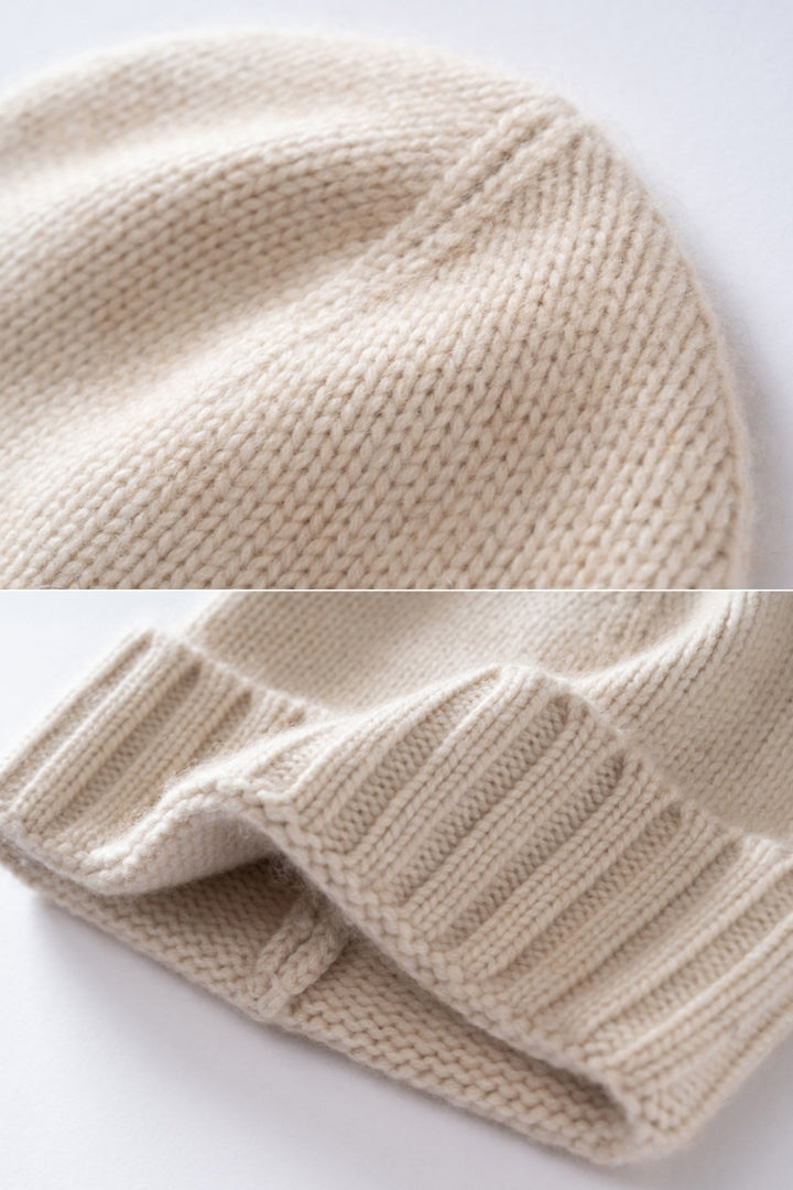 Margo & Main ivory ribbed cashmere fisherman beanie — close-up of the knit texture and ribbed cuff