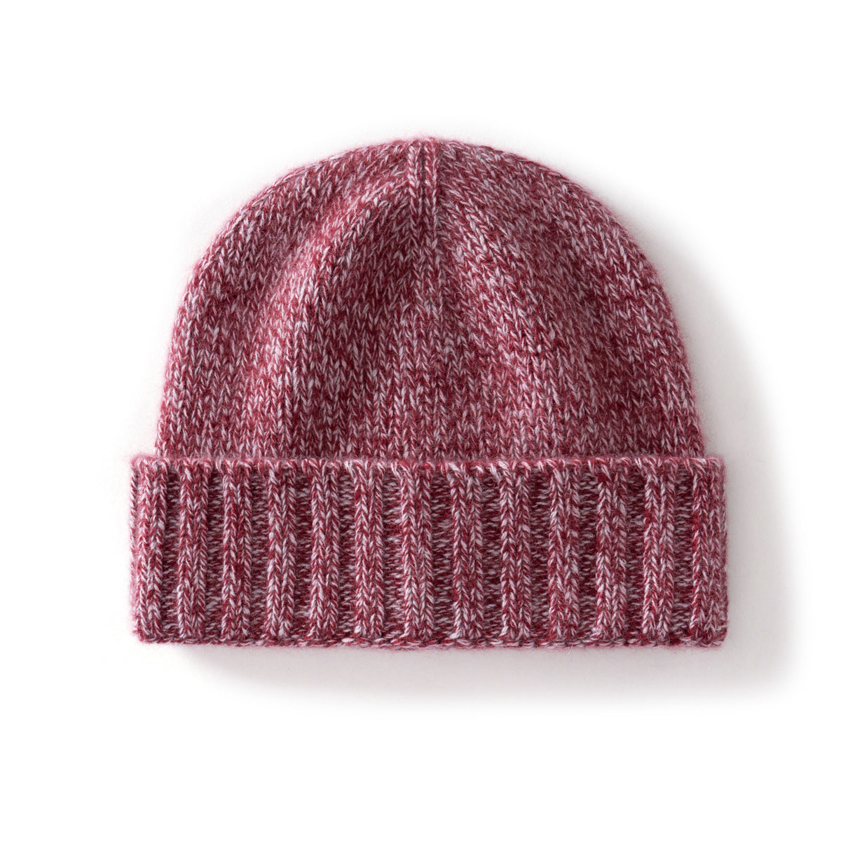 Margo & Main red fleck ribbed cashmere fisherman beanie — angled view of the wide fold-over ribbed cuff
