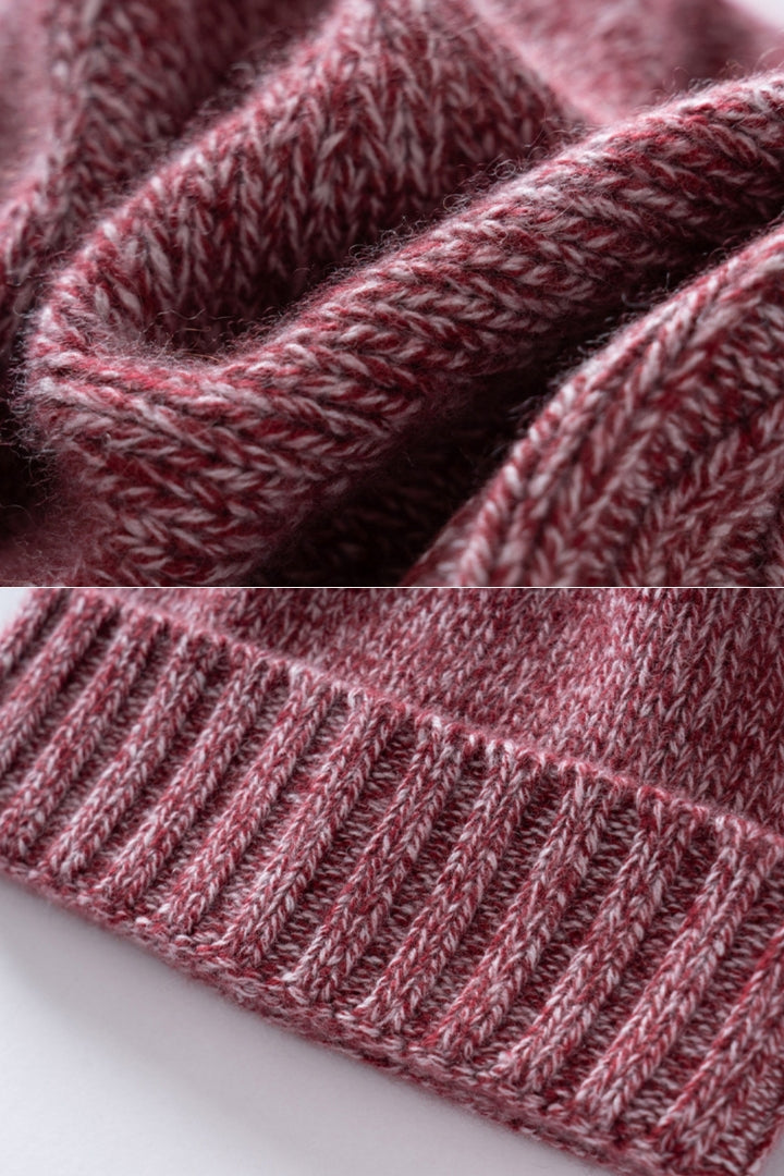 Margo & Main red fleck ribbed cashmere fisherman beanie — close-up of the marled knit and ribbed cuff