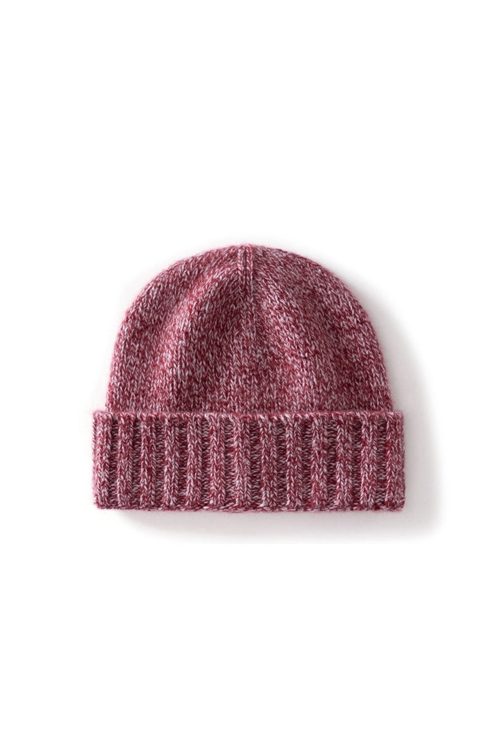 Margo & Main red fleck ribbed cashmere fisherman beanie — front view of the marled knit and ribbed cuff
