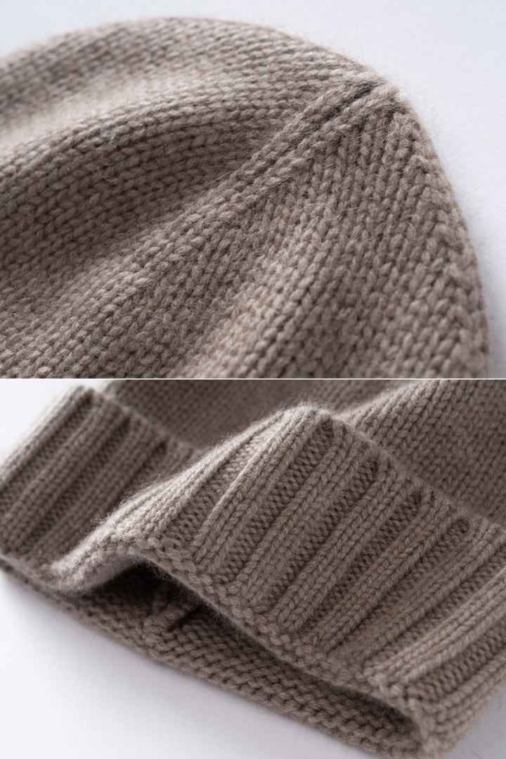 Margo & Main taupe ribbed cashmere fisherman beanie — close-up of the knit crown and folded ribbed cuff