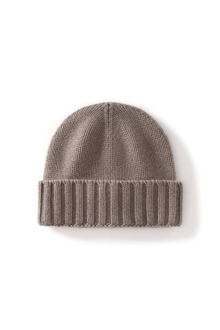 Margo & Main taupe ribbed cashmere fisherman beanie — front view of the knit crown and ribbed cuff