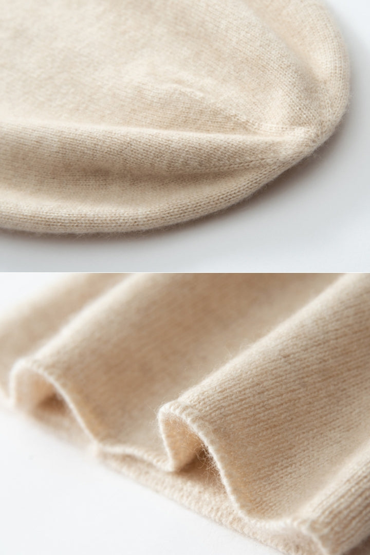 Margo & Main beige cashmere slouchy beanie — close-up of the smooth fine knit and rolled inner edge