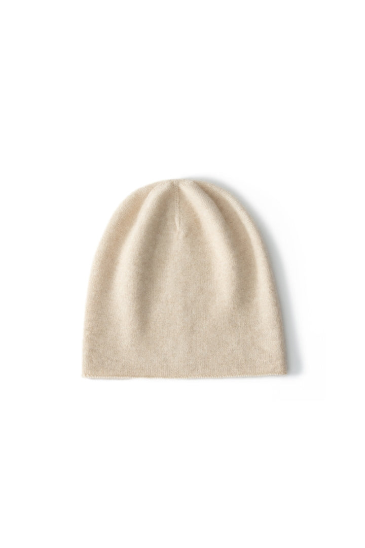 Margo & Main beige cashmere slouchy beanie — front view of the fine knit and relaxed crown