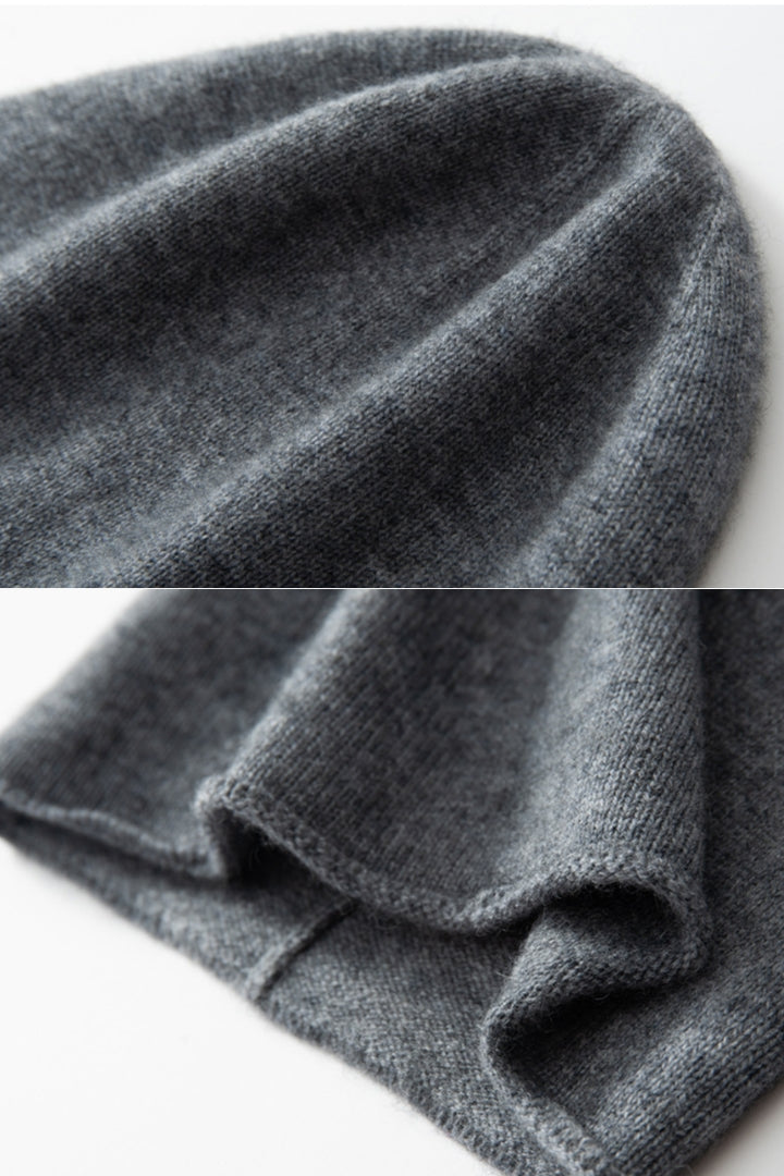 Margo & Main gray cashmere slouchy beanie — close-up of the fine knit crown and double-layer edge