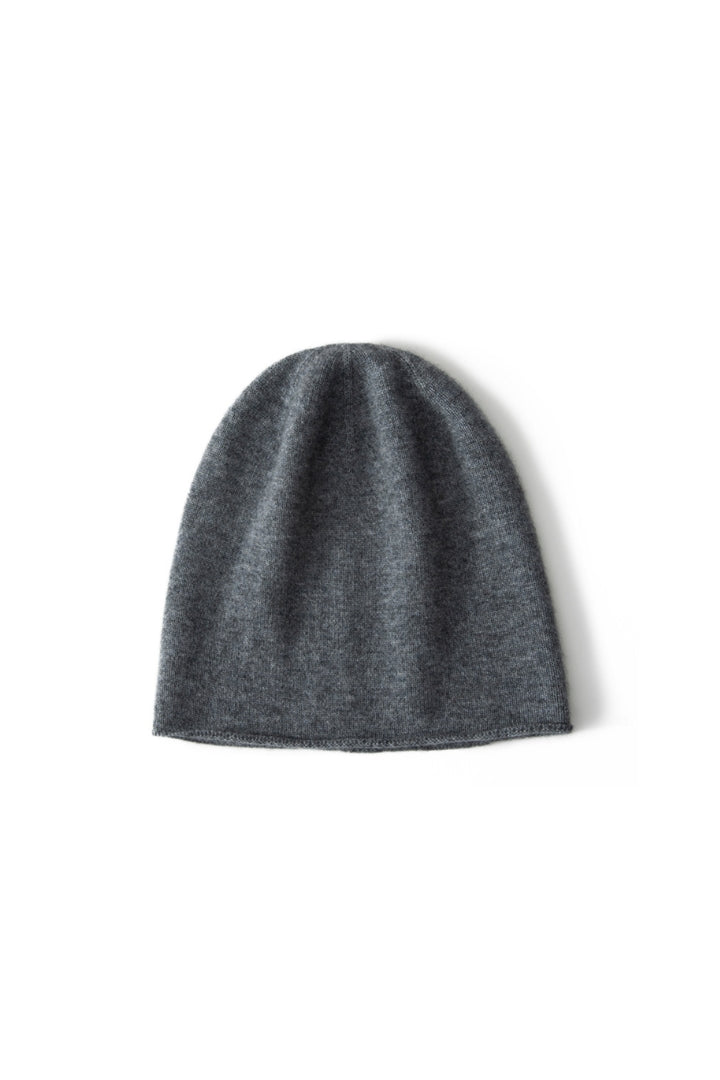 Margo & Main gray cashmere slouchy beanie — front view of the fine knit and relaxed crown