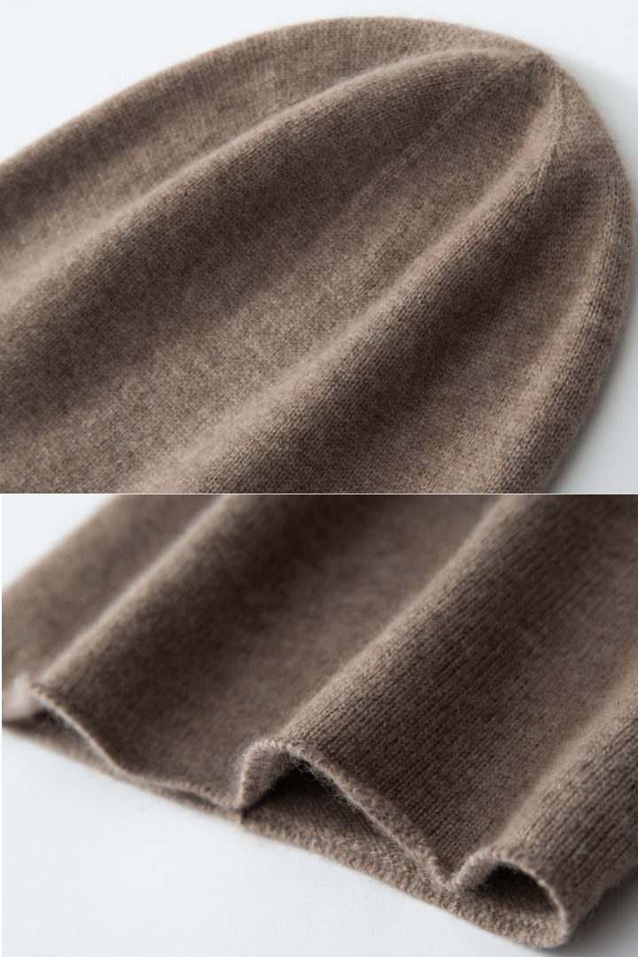 Margo & Main taupe cashmere slouchy beanie — close-up of the fine knit crown and double-layer edge