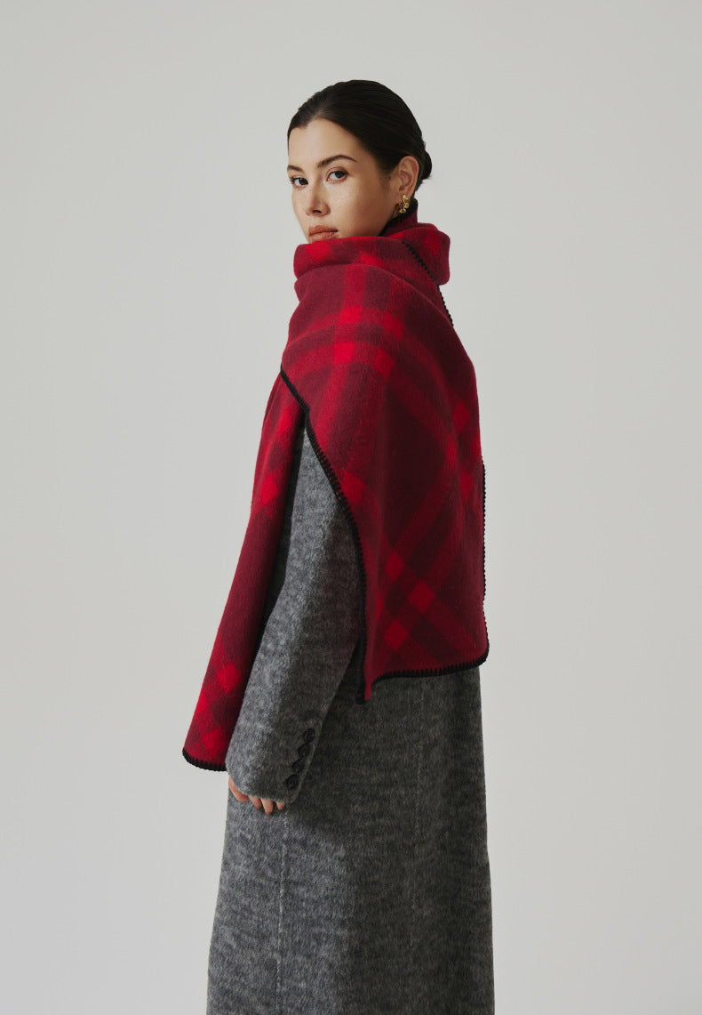 Margo & Main red check scarf — angled view of the long scarf draped down the front