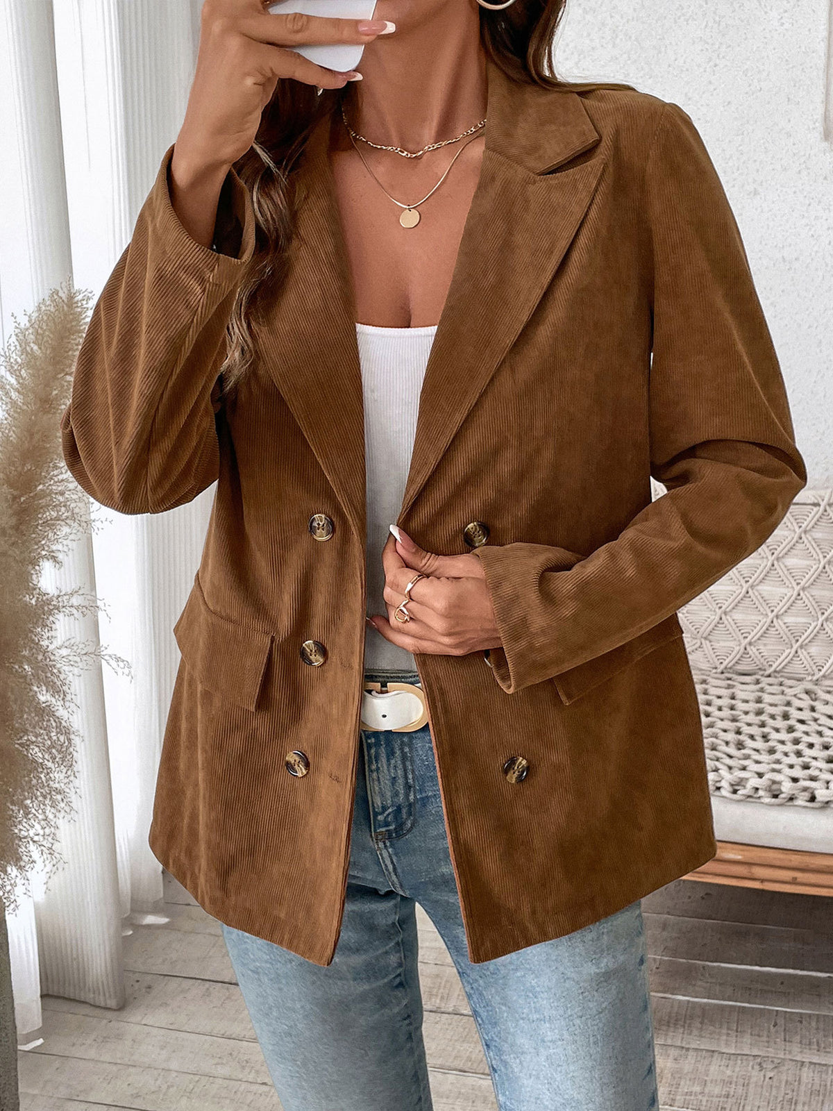 Margo & Main brown corduroy double-breasted blazer — front view over a white tank and jeans, US women's sizes