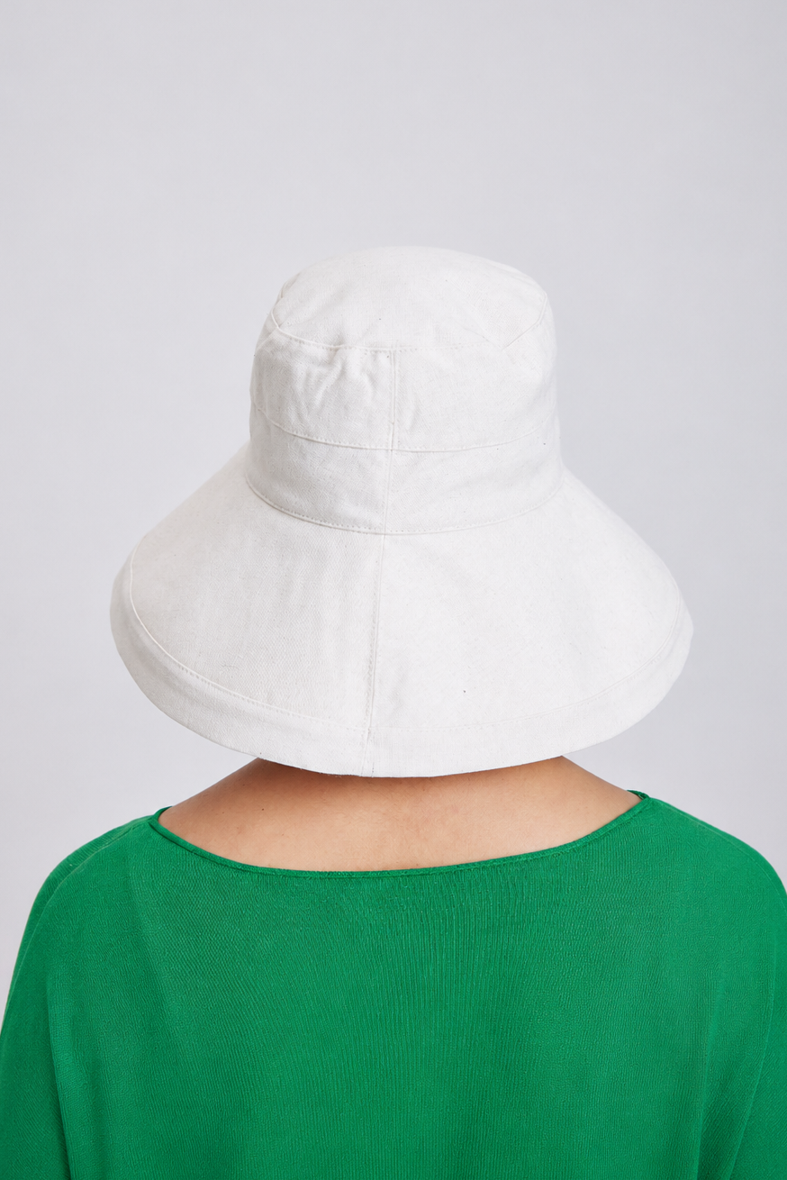 Margo & Main – Elke hemp beige wide-brim bucket sun hat from the back, showing full neck coverage