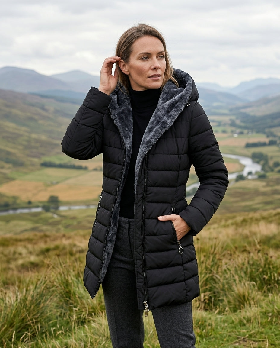 Margo & Main black faux fur puffer coat — front view with hood and zip side pockets, US women's sizes