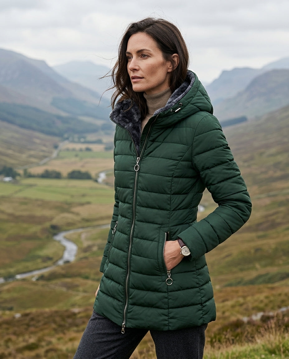 Margo & Main olive faux fur puffer coat — side view of the quilted channels and zip, US women's sizes