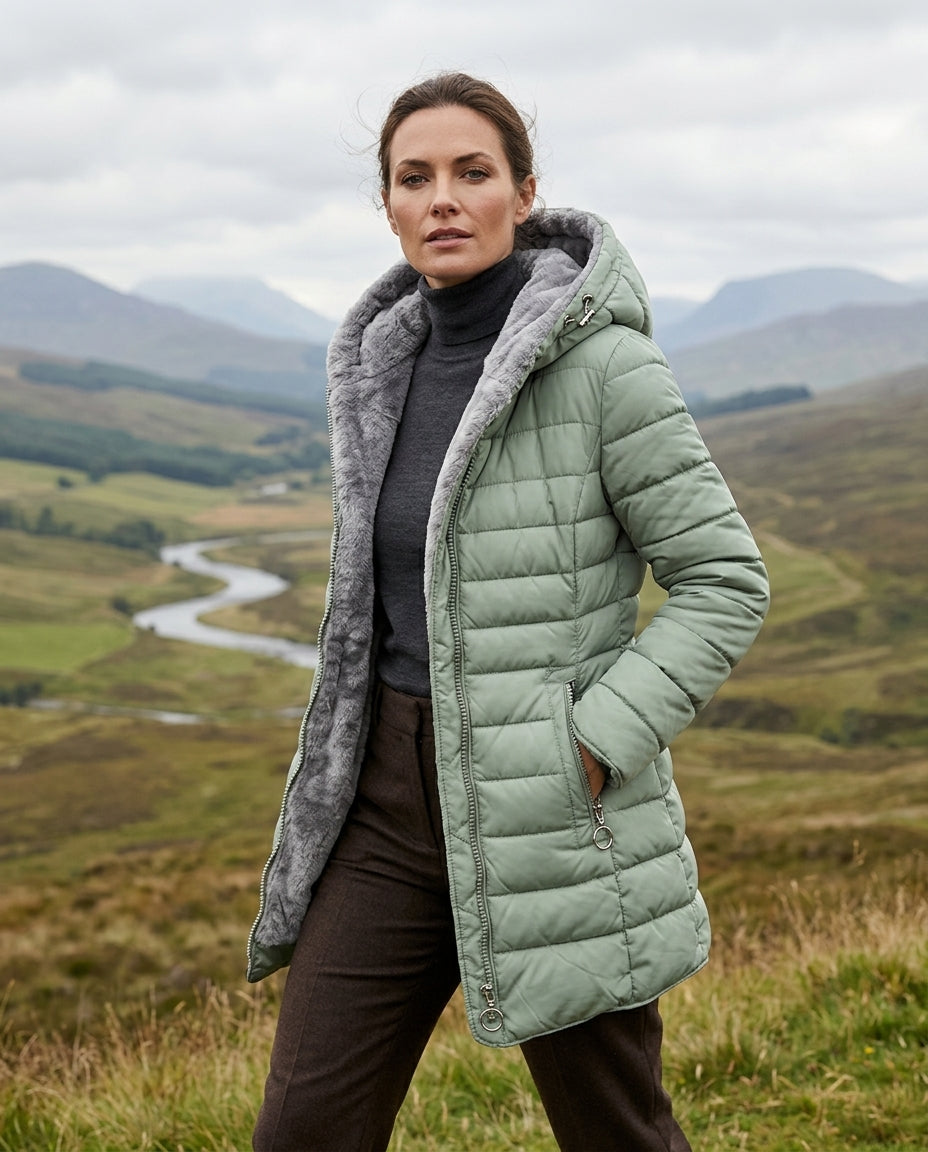 Margo & Main sage faux fur puffer coat — front view with the fur-trimmed hood up, US women's sizes